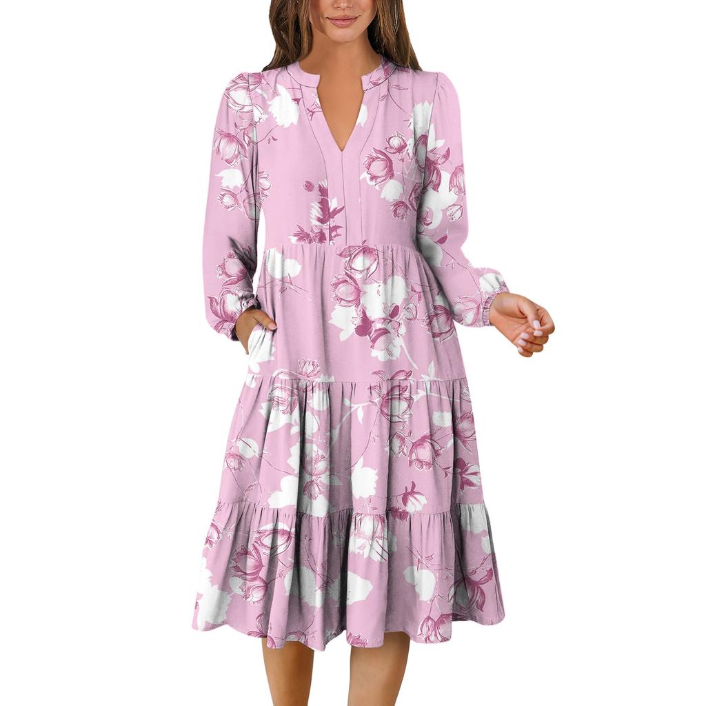 Women's V-Neck Flowing Layered Bohemian Long Sleeve Floral Print Dress