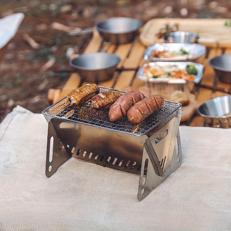 Mini skládací nerezový uhlíkový gril, přenosný gril na barbecue pro kempování a pikniky, odolný vůči vysokým teplotám, snadno přemístitelný