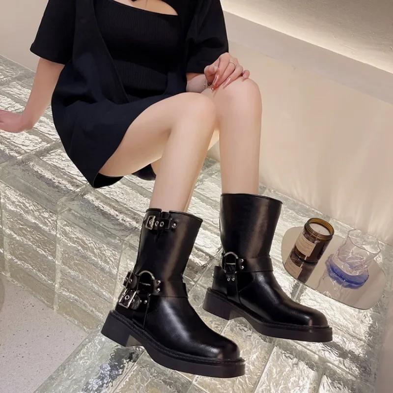 Women Platform Shoes  Simple Retro Western Cowboy Boots Square Toe Thick Heel Soft Soled Comfortable Knight Biker Boots