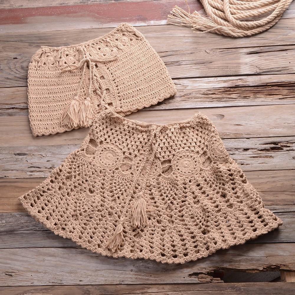 Håndheklet strikket hul ut bikini for kvinner, sexy ensfarget, enkelt separat badedraktsett