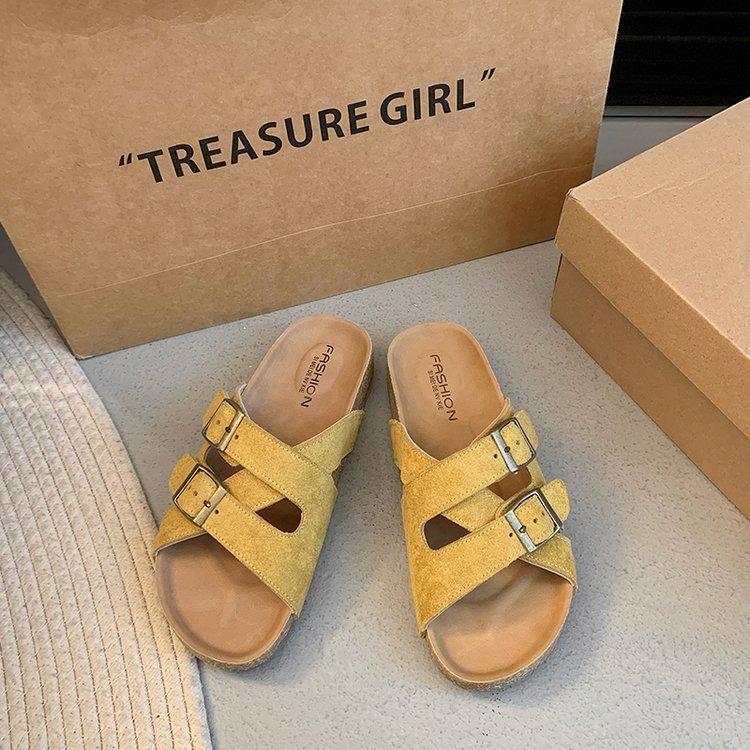 

Soft leather version~ thick-soled cool slippers women s shoes summer wear 2025 new Boken stepping on shit beach one-word drag 35