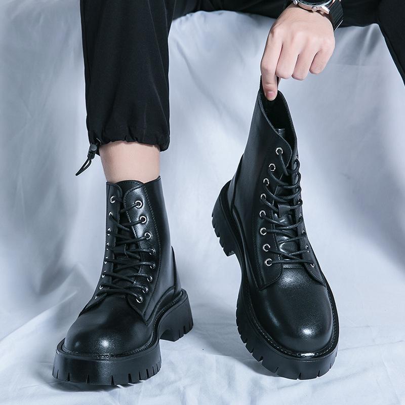 Men's Plus Size Retro High-Top Leather Martin Boots - Thick Sole, Lace-Up, and Wear-Resistant for Height-Increasing Workwear.