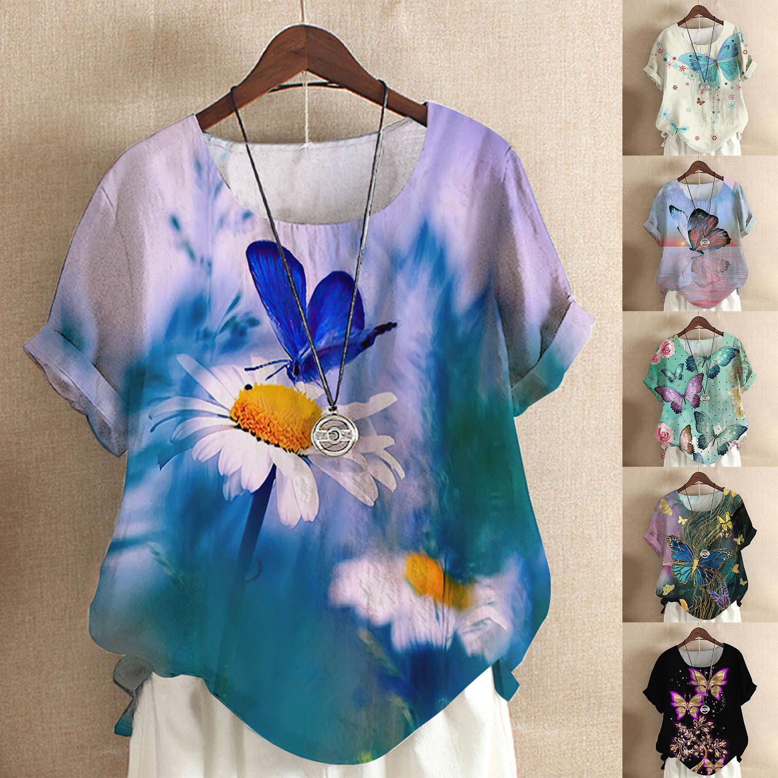 

Женская модная повседневная блузка с круглым вырезом и коротким рукавом с принтом