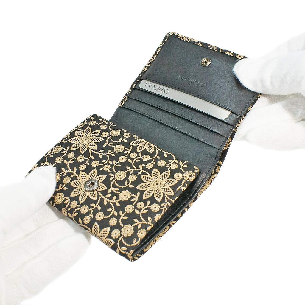 Inden Leather Billfold Coin Black with White Clematis [Inden-ya] Bi-fold Wallet, H, Box-type Purse, Deerskin, Lacquer, Pattern, 2204-11-169