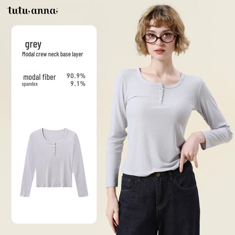 tutuannakiraku Women s Ribbed Lenzing Modal Round Neck Long Sleeve Top M
