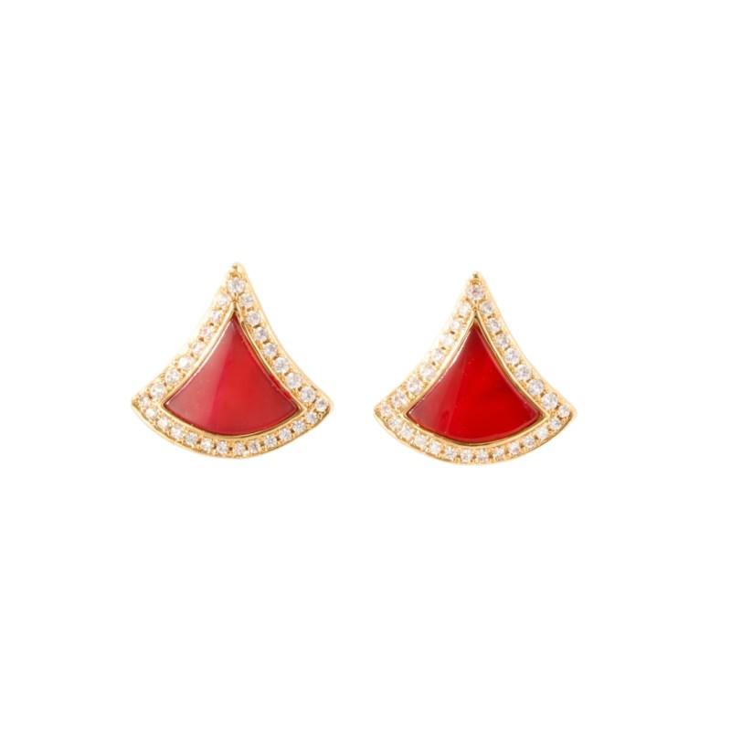 Elegant Fan-Shaped Earrings: 18K Gold-Plated, S925 Silver, Rhinestones, White Mother-of-Pearl, Red Agate – Christmas Style. White Mother-of-Pearl