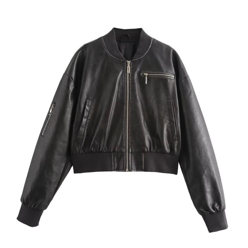 Womens Winter Faux Leather Zipper Jacket Classic Retro Street Style Batwing Cut Short Length In Black Gray Brown