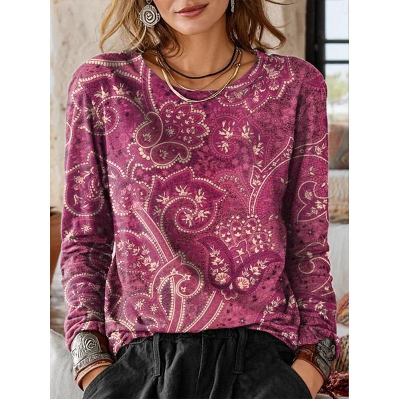 

Women s T Shirt Print Graphic Geometric Paisley Fashion Casual Long Sleeve Crew Neck Regular Tops S