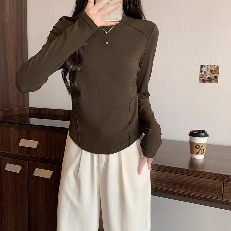 Long-sleeved bottoming shirt, T-shirt for women, half turtleneck, fishbone waist, layered inner layer, autumn and winter velvet warm top