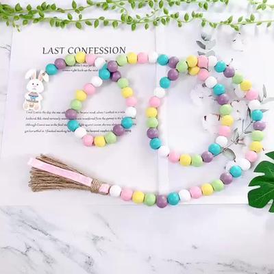 Colorful Easter Wood Bead Garland With Tassel And Bunny Tag Boho Decor Hanging Farmhouse Rustic Bead Easter Decorations For Home