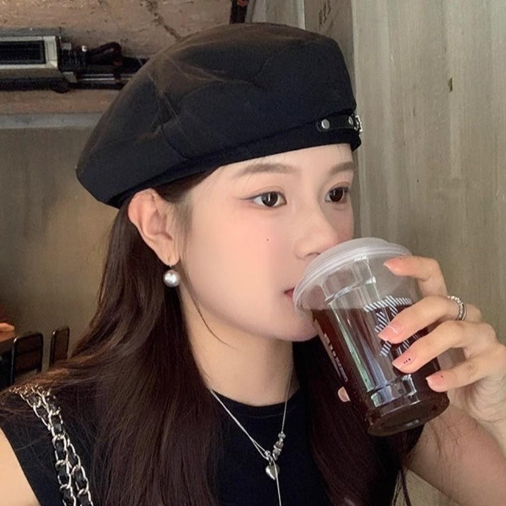 Korean Style Vintage Beret Hat Big Head Circumference Painter Cap Metal Buckle Octagonal Hat Women