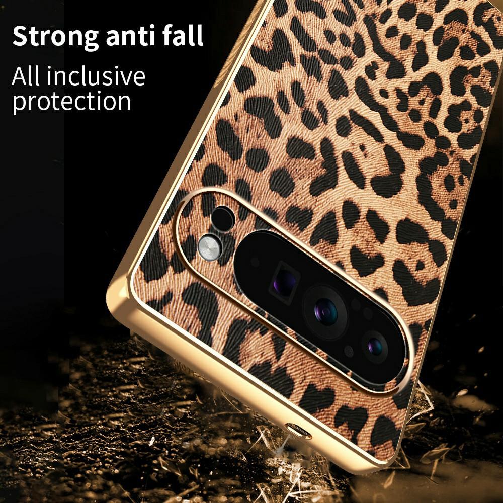 For Google Pixel 9 Pro Case Leopard Print PU Leather Coated PC+TPU Electroplating Phone Cover