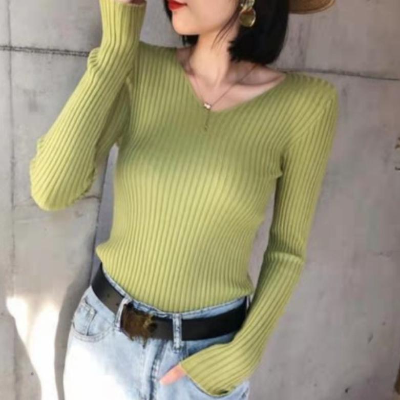 

V-образный вырез свитера женские осень зима праймер рубашка длинный рукав короткий облегающий джемпер топы сплошной One Size зелёный