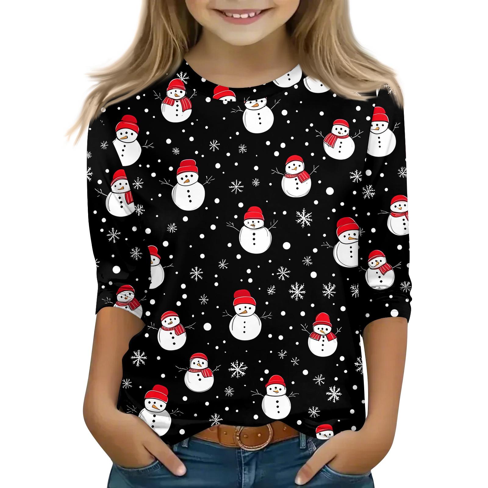 

Детские топы с рукавом 3/4, повседневная футболка с рождественским принтом, пуловер с круглым вырезом 160 чёрный