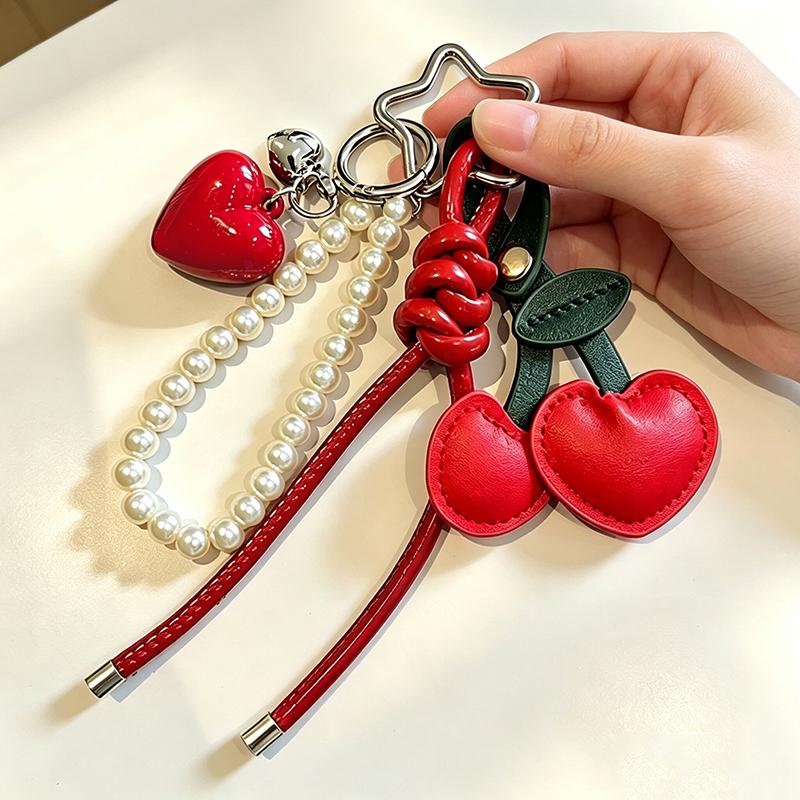 Yogodlns Y2K Faux Leather Rope Red Pink Cherry Keyring Red Heart Pearl Ribbon Bag Key Chain Charm Pendant Women Trendy Keychain Jewelry