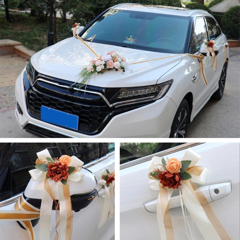 Wedding Car Decoration 7Pieces Set with Realistic Artificial Flower for Car Decors included Rearview Mirror and Doorknob