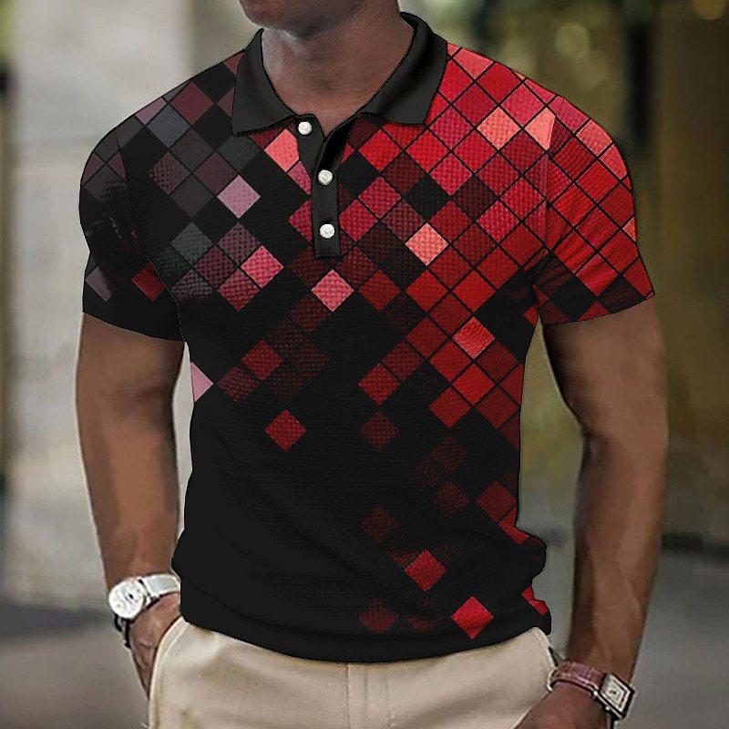 Gradient Grid 3D Digital Printing Men's Comfortable Polo Shirt