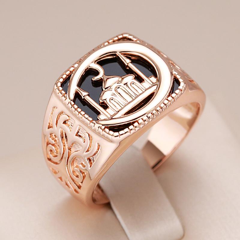 Punk Black Stone Square Castle Men Ring Fashion  Rose Gold Color Accessories High Quality Daily Fine Jewelry