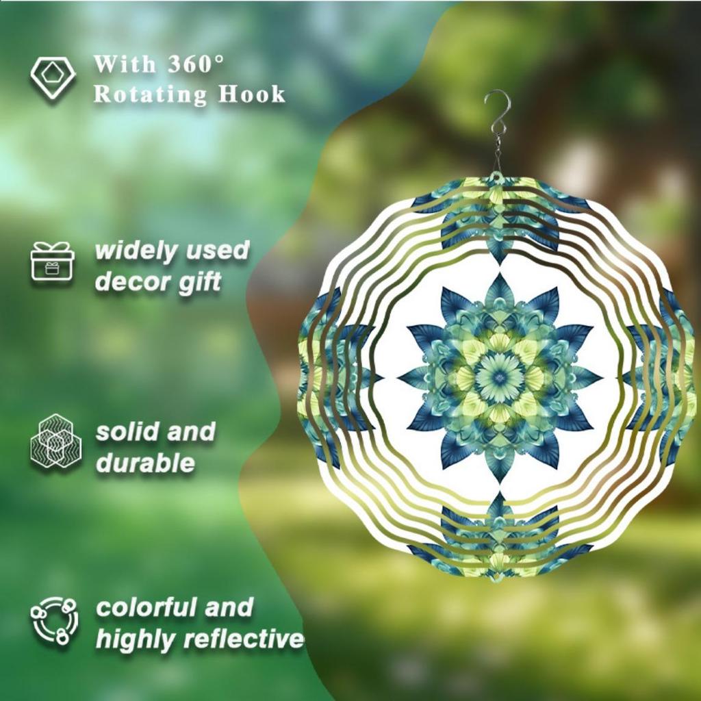 Lebhaftes Petrolblau 10 Zoll Mandala Blume Windspiel Metall Hängedekor für Garten Balkon Alle Jahreszeiten 360 Grad Haken Außendekor