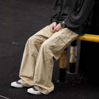 Men's Spring and Summer Pleated Design Straight Overalls Men's Retro Versatile Loose Drawstring Wide-leg Casual Pants