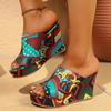 Colorful Graffiti Wedge Heel Sandals for Women Summer Peep Toe Chunky Platform Slippers Woman Thick Bottom Beach Sandals