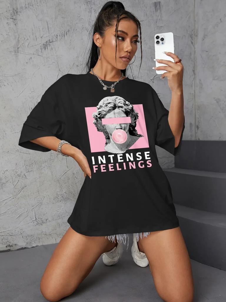 Unisex INTENSE FEELINGS Street Hip Hop Female T-Shirts Loose Oversize Short Sleeve Soft Soft Tops Summer Breathable Tee Clothing