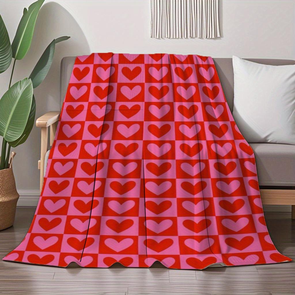 Red and Pink Heart and Plaid Print Flannel Throw Blanket Soft Warm and Cozy for Couch Bed Office or Camping All-Season Use