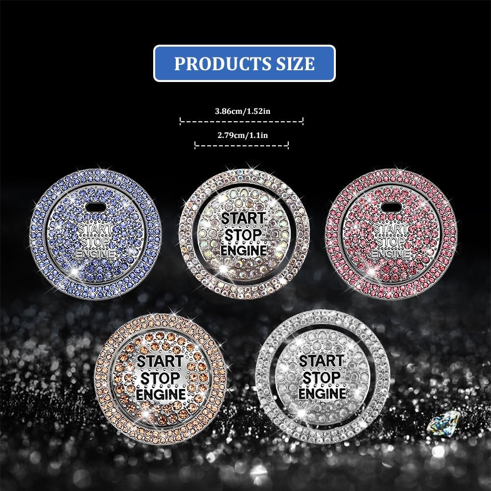 Bling Crystal Car Engine Start Ring Sticker, Sparkling Rhinestone Push Start Button Decorative Cover, Anti-Scratch Key Ignition & Knob Bling Ring,