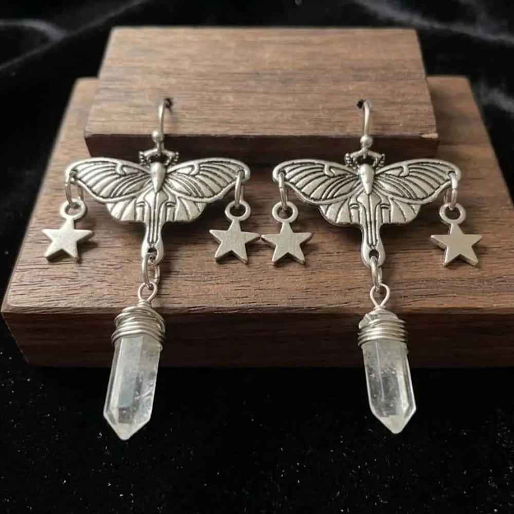 White Crystal Pendant Silver Color Star Tassel Carved Moth Dangle Earrings for Women Gothic Witchcraft Style Aesthetics Jewelry