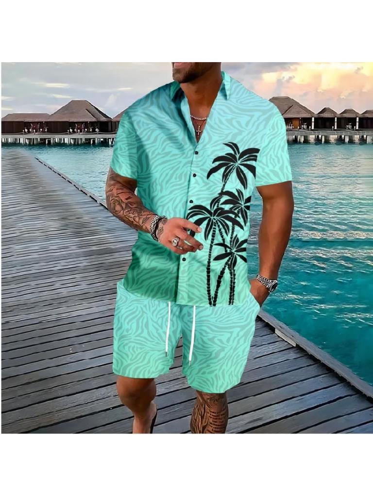Fashionable Hawaiian Palm Tree 3D Print Men’s Set: Short-Sleeve Shirt and Loose Casual Beach Shorts