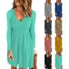 Women Dress Long Sleeve V-Neck Button Tunic Mid Dress Fashion Loose Solid  Knee-length Dress for Daily Office,Party