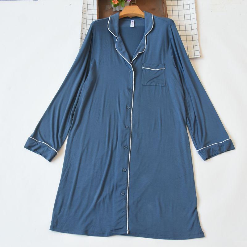 

Export Spring and Summer Women s Modal Knitting Rayon Long Sleeves Nightdress Cardigan Pajamas Mid Length Long Length Loose Sleeping Dress Blue XXL