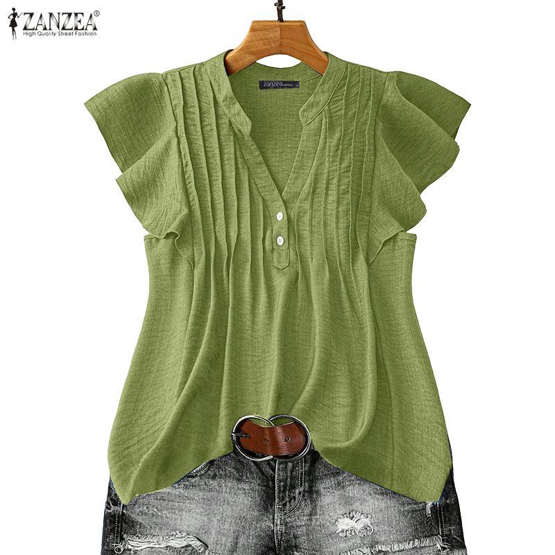 ZANZEA Women Casual V-Neck Ruffles Short Sleeve Blouse
