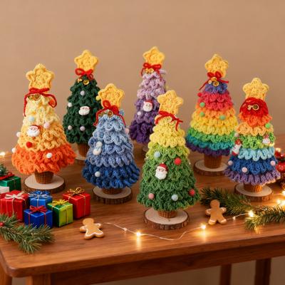 Crochet Christmas Tree Small Handmade Multi-layered Knitting Xmas Tree with Woodgrain Base for Winter Tabletop Home Room Party Decor
