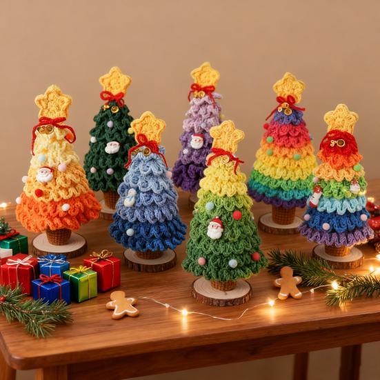 Crochet Christmas Tree Small Handmade Multi-layered Knitting Xmas Tree with Woodgrain Base for Winter Tabletop Home Room Party Decor