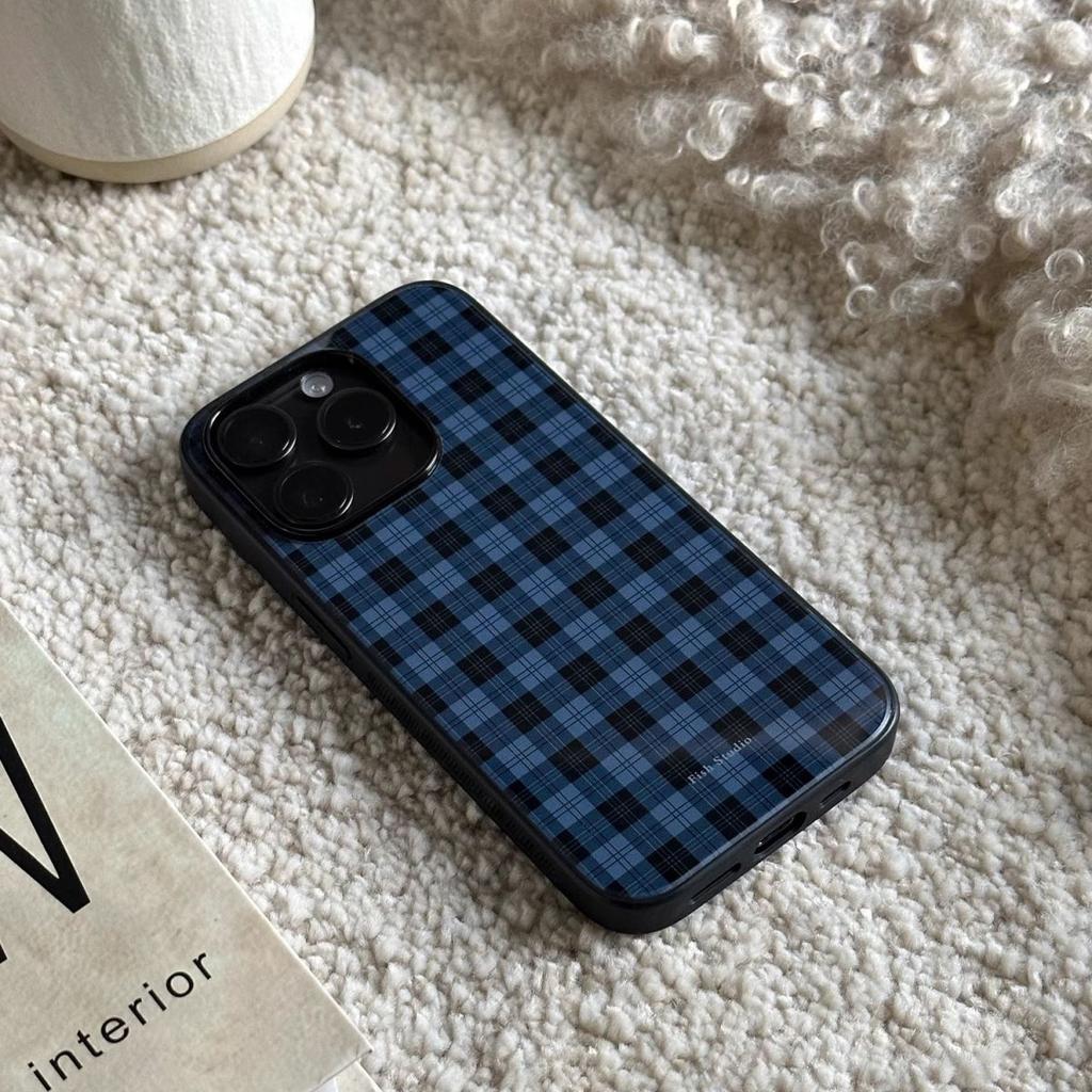 New Minimalist High-end Deep Blue Grid Phone Case For iPhone 17 Air 16 15 14 12 13 11 Pro Max Mini Plus Anti Drop Y2k Back Cover