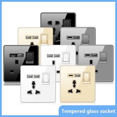 Universal 18W Type-C Wall Outlet USB Ports Quick Charge Tempered Glass Panel Power Socket,UK Standard Dual Usb Charging Socket