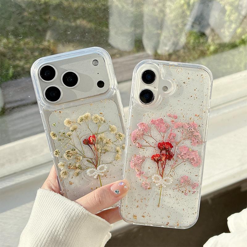 Transparent Epoxy Flower iPhone Case for Iphone17 Small Fresh Apple 16Promax Real Flower Gold Foil