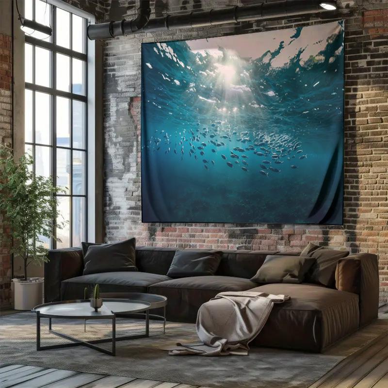 Under the Sea Tapestry  Ocean Landscape Decorative Hanging Cloth with Sunlight Piercing through the Blue Ocean