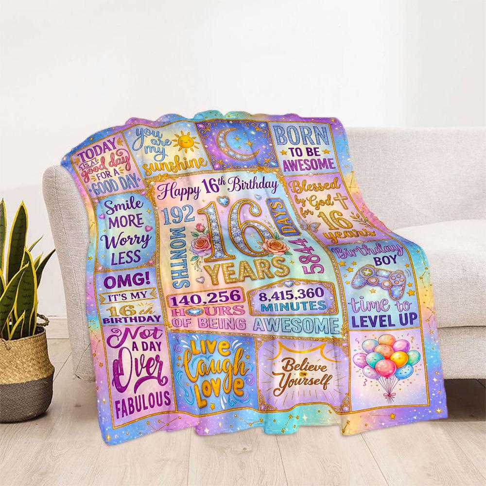 Happy 16th Birthday Celebration Flannel Blanket-Soft and Suitable for Sofas,Beds,Offices,Travel,All Seasons,Great Gift for Holidays and Birthdays.