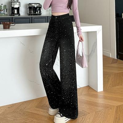 Women Rhinestone Pants Fashion Stretchy Wide Leg Palazzo Trousers Korean Style
