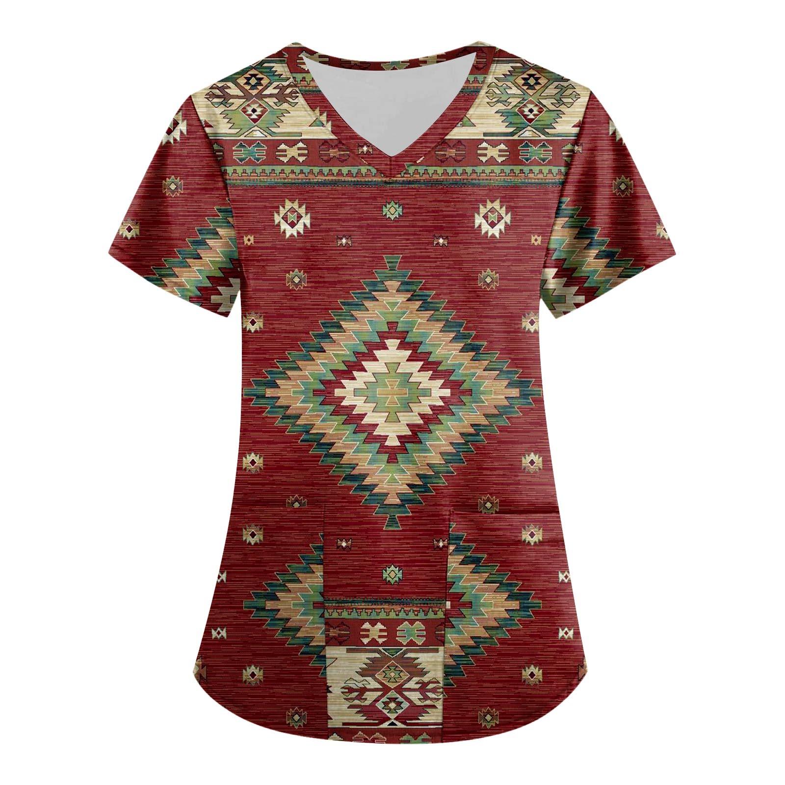 

Жіноча робоча блузка з етнічними принтами з V-подібним вирізом і короткими рукавами XL