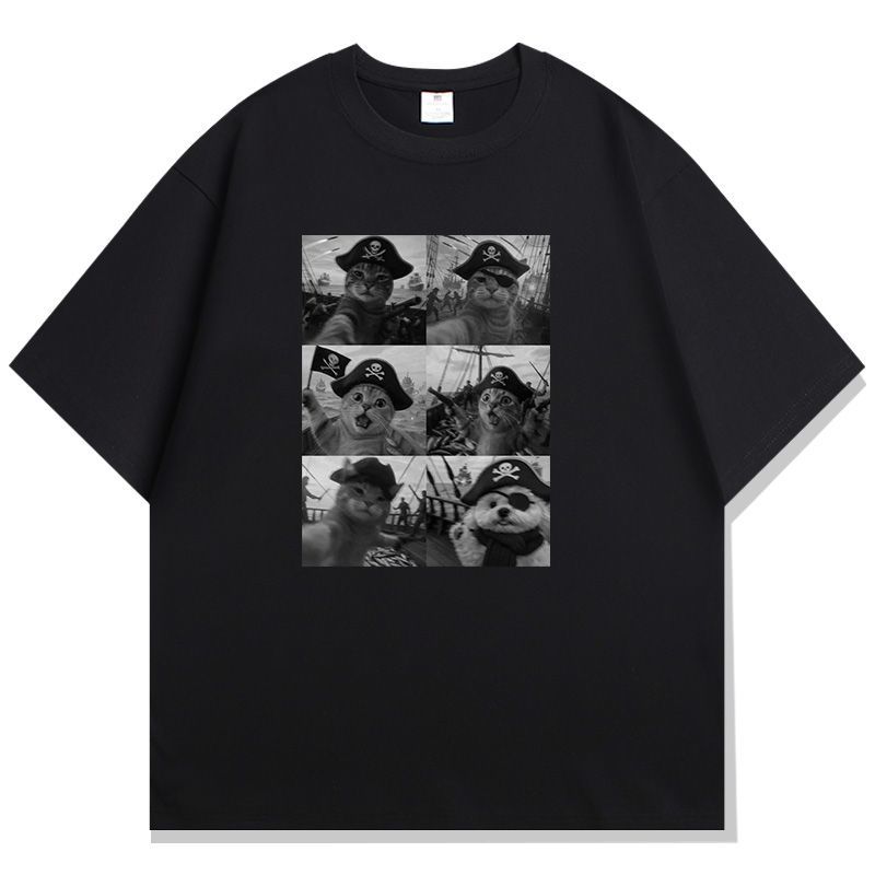 

Creative Cat Printed Pure Cotton T-shirt Men and Women with The Same Round Neck Cotton Short-sleeved T-shirt Funny Clothes 4XL