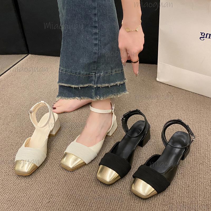 Fashion Mid Heel Square Toe Women's Sandals Elegant Office Ladies Daily Wear Ankle Straps French Pumps Sandalias Femininas Size 35-40