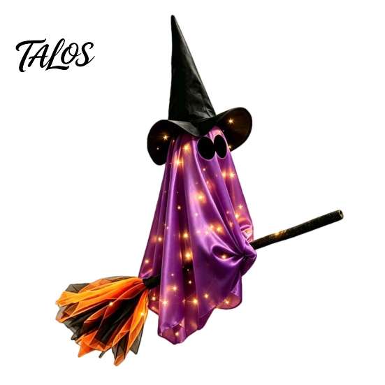 Whimsical Ghost Witch Figurine Halloween Flying with Broom, Large Lighted Hanging Decoration Glowing Window Hat for Lawn Patio Porch Backyard