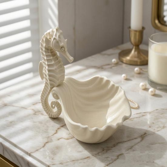 3D Printed Sea Horse Jewelry Display Stand with Shell Matte White Dual-Use Ornament