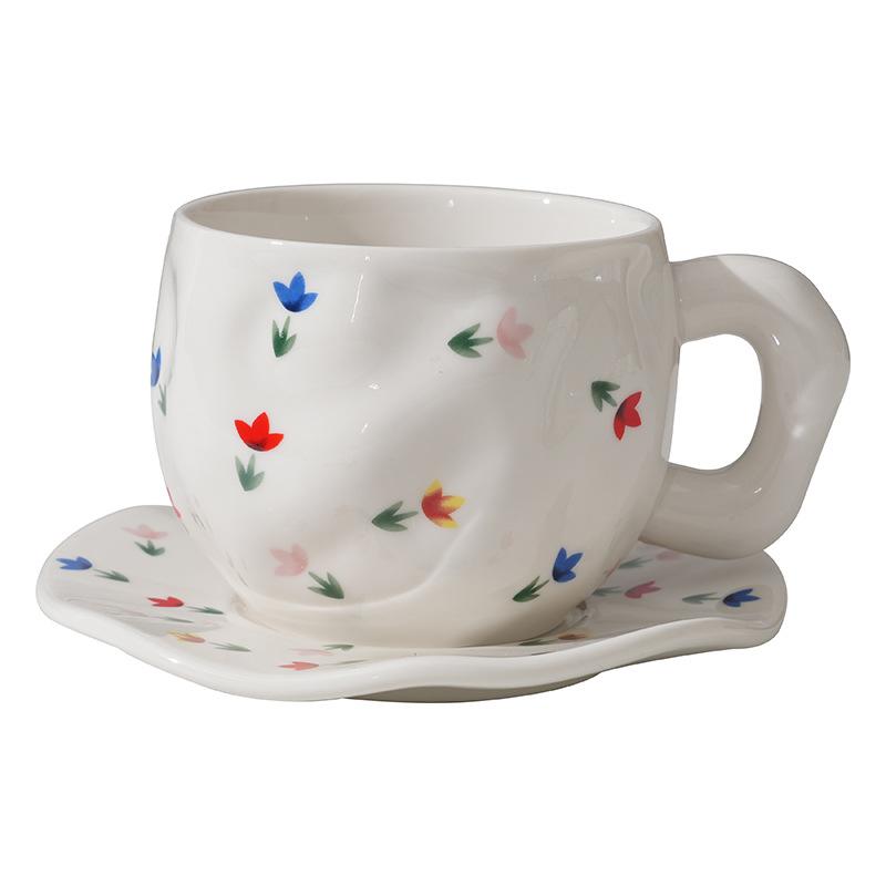 Keramik-Kaffeebecher und Untertassen, handgeformt, handbemalt, unregelmäßige Tassen und Untertassen, hochwertige Frühstückstassen
