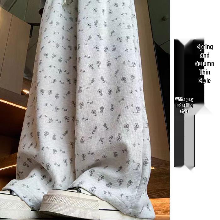 

Petite Women s Floral Wide-Leg Pants - Spring/Autumn 3XL серый/белый
