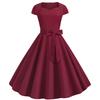 Retro Hepburn Style Belted Swing Dress, Plain Color 9089