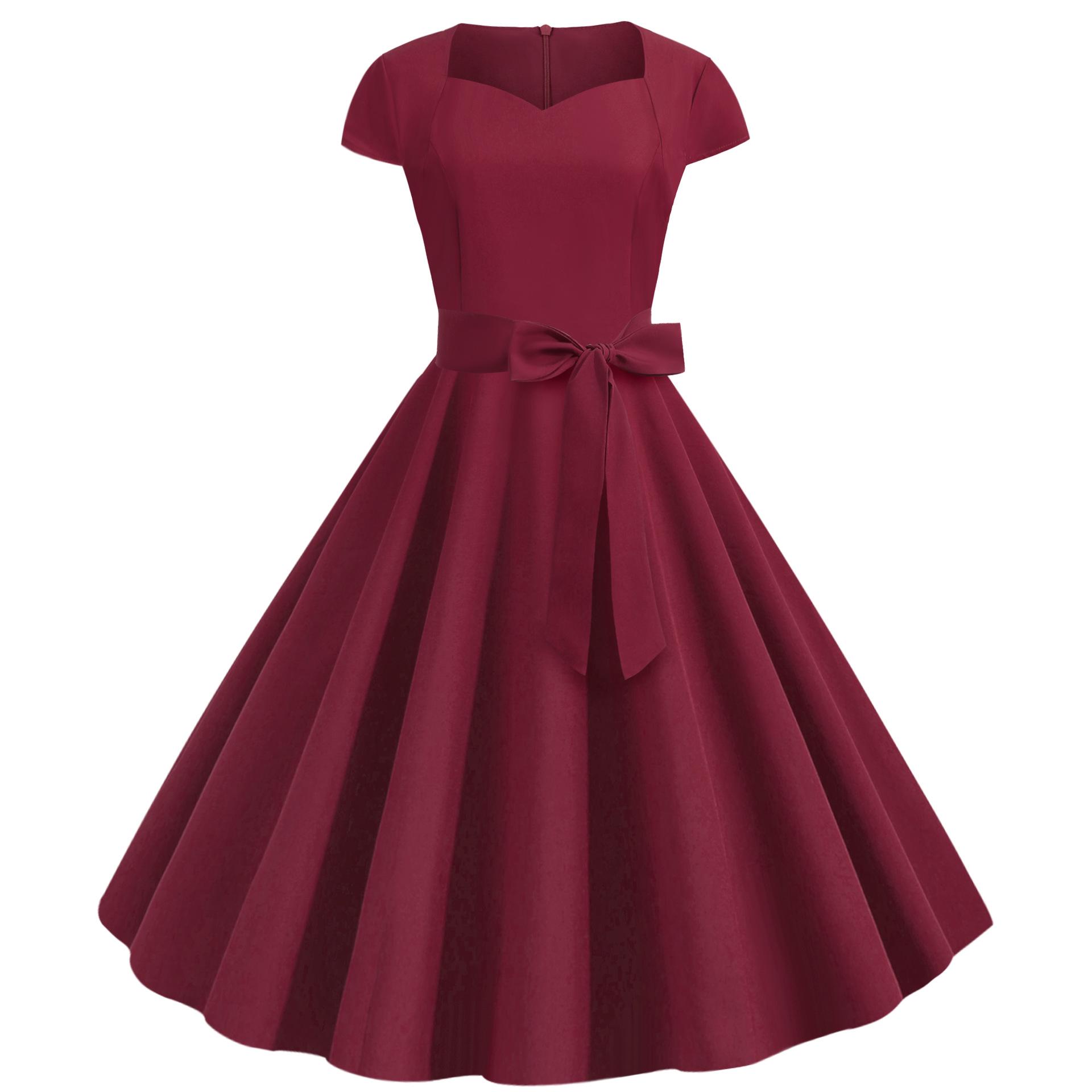 Retro Hepburn Style Belted Swing Dress, Plain Color 9089 S